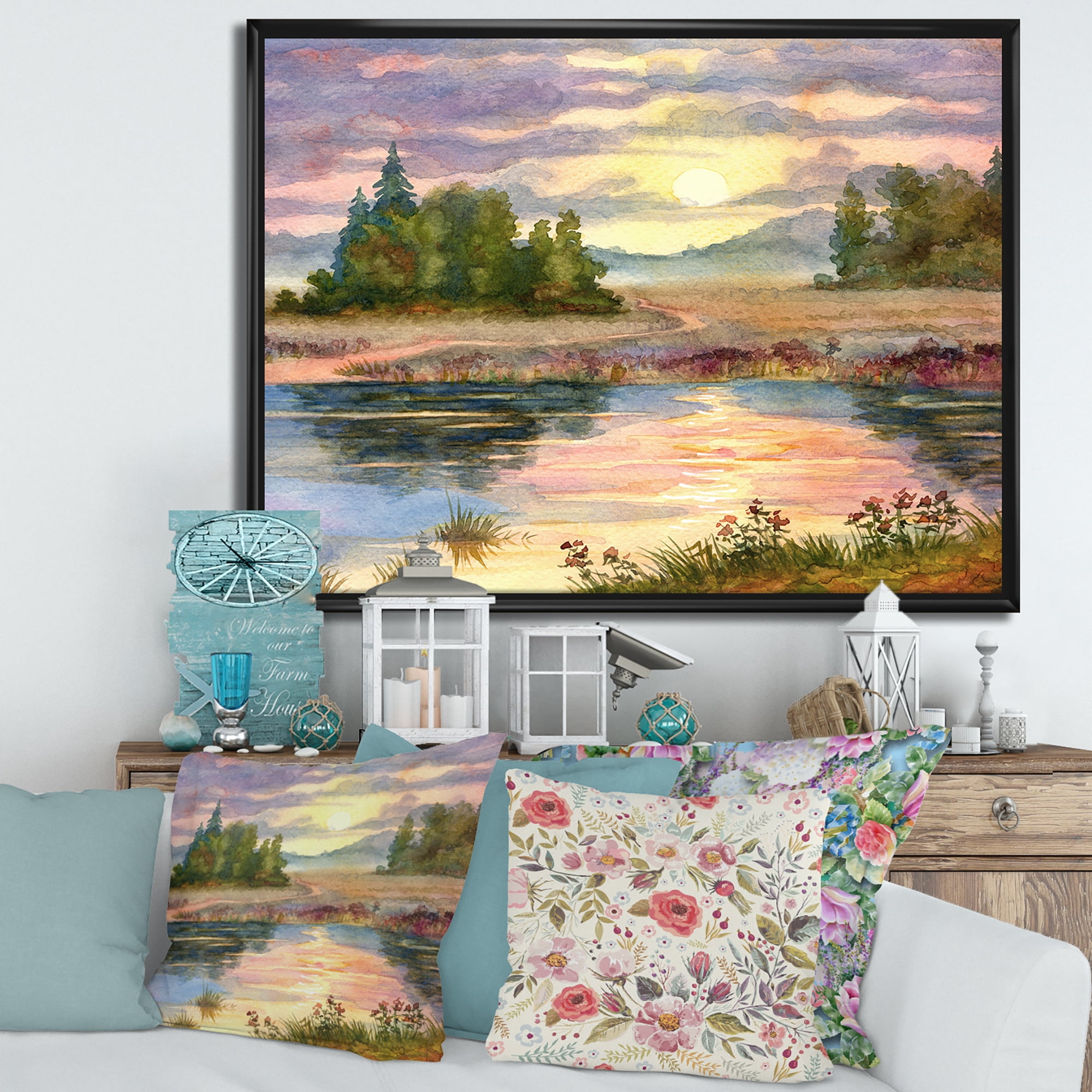 The Rural Lake In Sunset Evening I 20 in x 12 in Framed Painting Canvas Art Print, by Designart