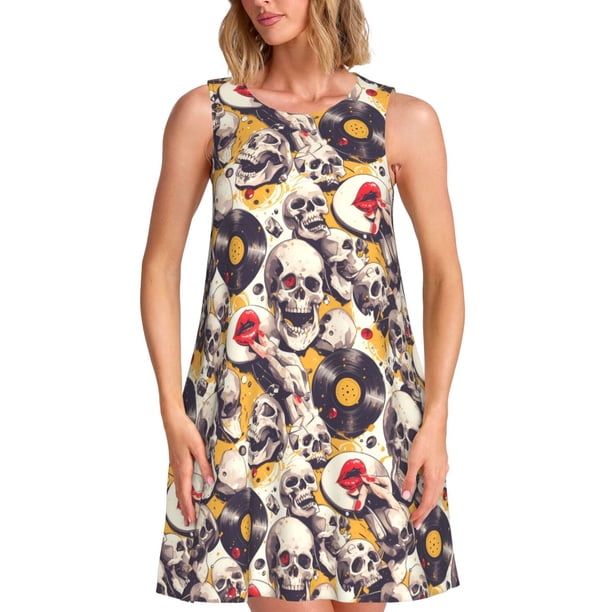 Fotbe lips record rock Skull Vestido de Verano sin Mangas para Mujer – Vestido Midi Línea A, Estilo Camiseta Floral, Vestido Playero Casual y Fluido