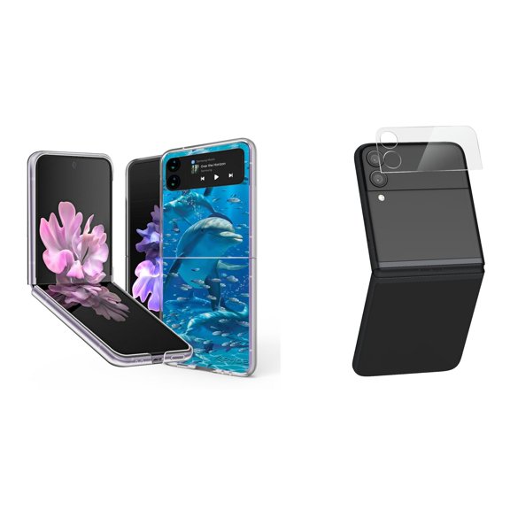 Bemz Premium Bundle for Samsung Galaxy Z Flip 3 5G: Slim Snap-On Protector Case (Dolphins), Rear Camera Glass Protector