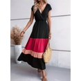 thumbnail image 4 of Women Party Color Block Dress High Waist Short Sleeve Maxi V Neck Dress Casual Ruched Ruffle Hem Dress Style 2 XL, 4 of 7