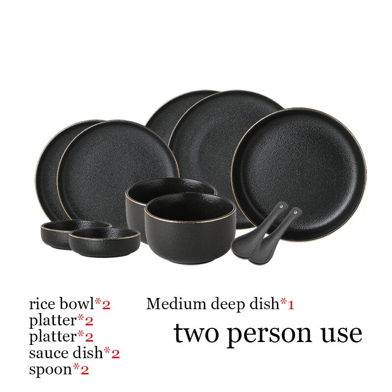 Black Matte Gold Edge Dinner Plates Set Tableware Dishes Plates for