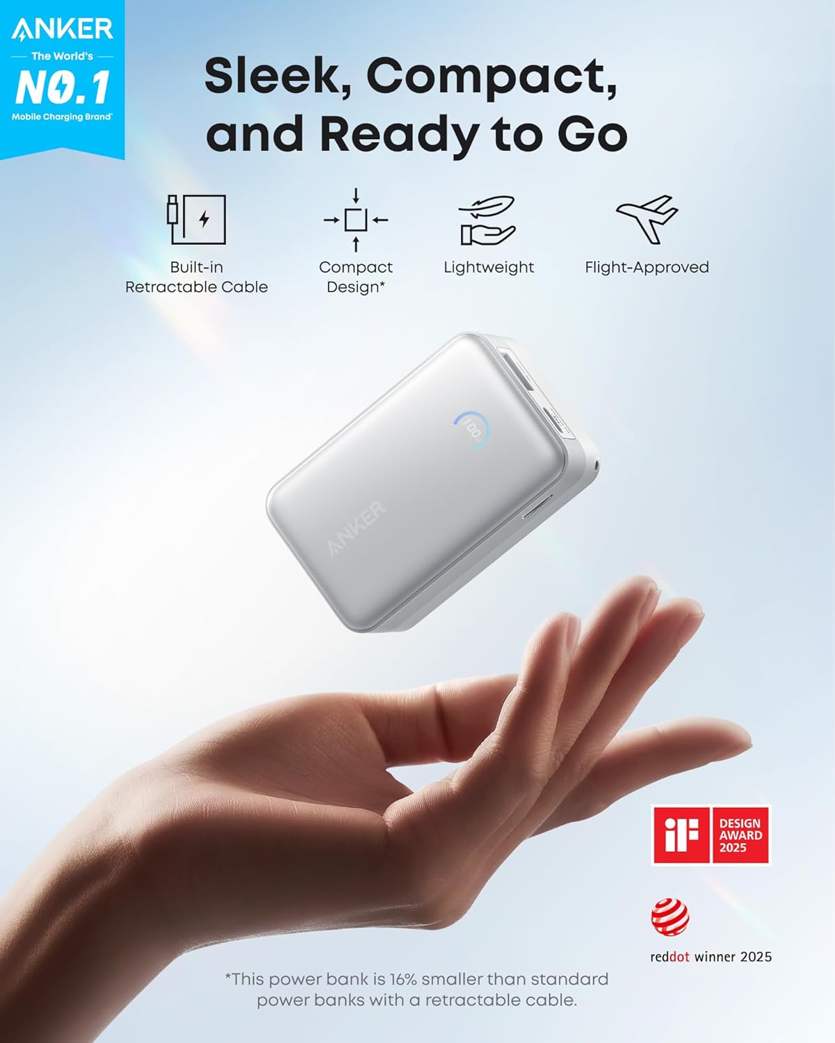 Anker Nano Power Bank, 10,000mAh Portable Charger with 2.3 ft InstaCord Retractable Cable, 45W Max Compact Battery Pack, Smart Display