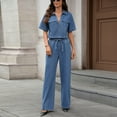thumbnail image 2 of FRSASU Women Two Piece Denim Set Short Sleeved Lapel Top and Slightly Flared Jeans Vintage 2 Piece Outfits Blue XL(XL), 2 of 8