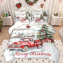 Homewish Xmas Red Truck 7 Pieces Bedding Comforter Set For Teens Boys Girls,Festival Tree Full Bedding Set Lightweight,Merry Christmas Fitted Sheet Flat Sheet,Ultra Soft Home Decor,Reversible