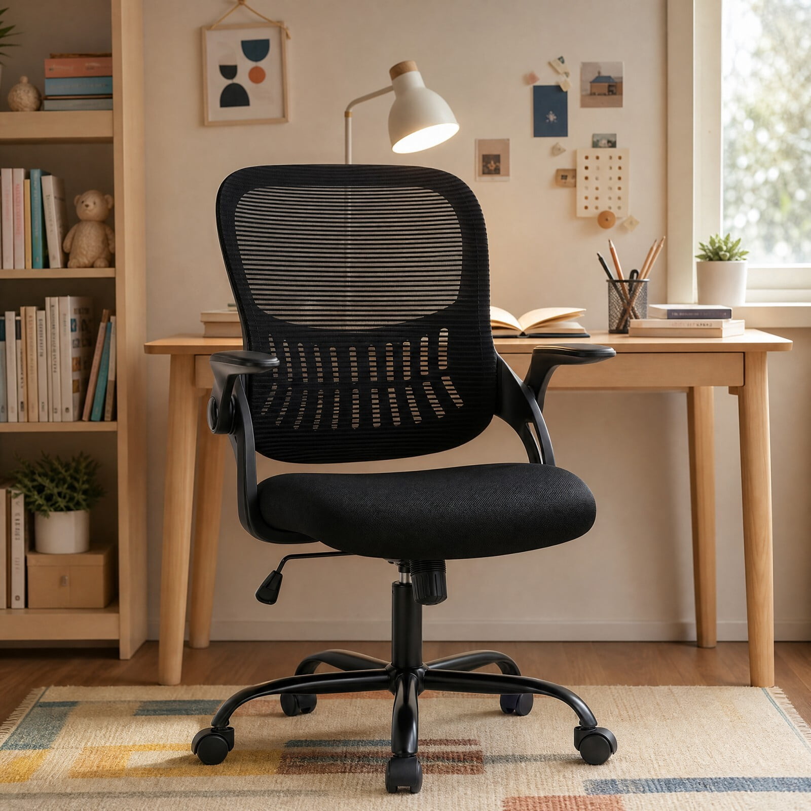 Kelno Ergonomic Mesh Office Chair Mid Back Desk Chair with Lumbar Support Flip-up Armrests Adjustable Height Swivel Task Chair, Black
