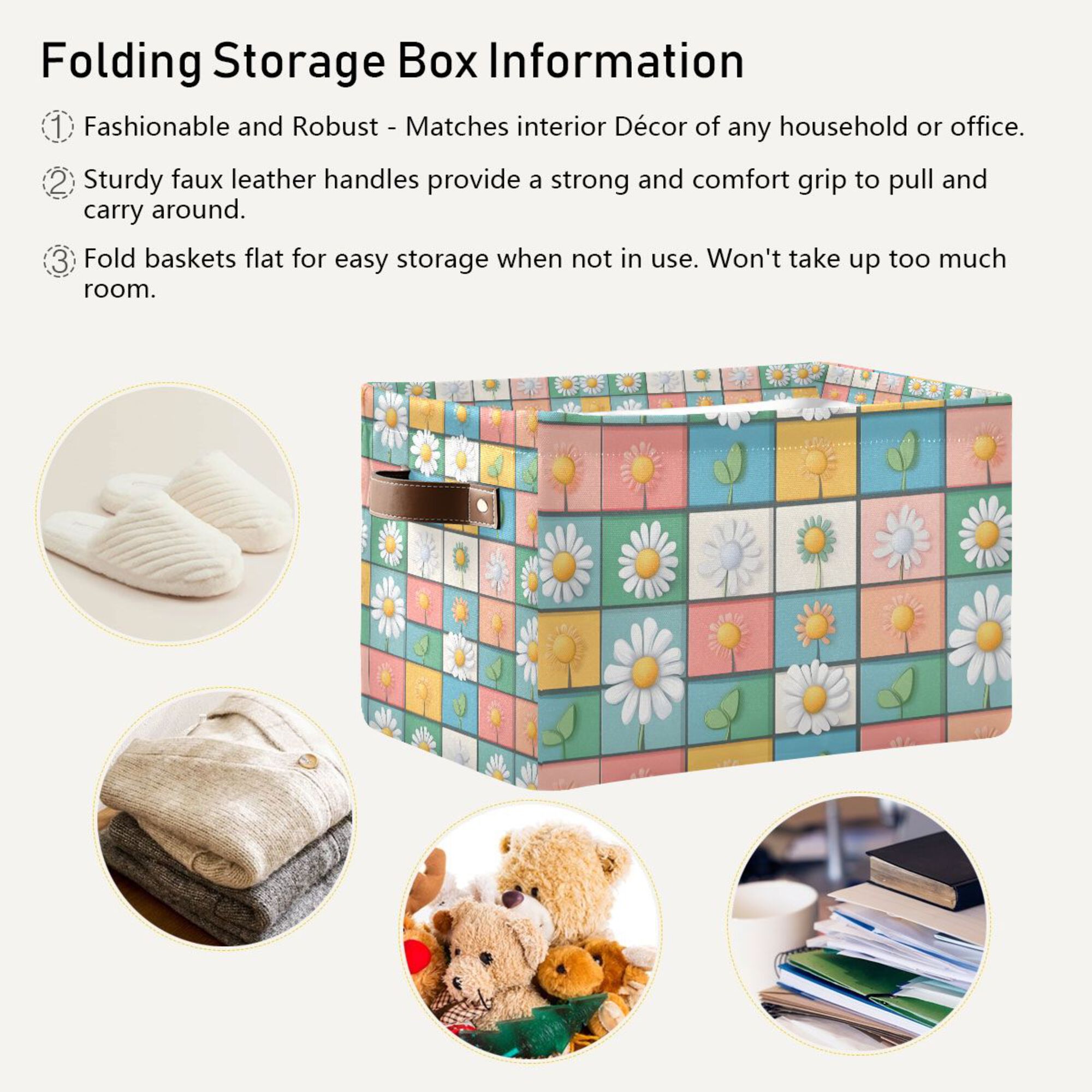 Yayeee Canvas Storage Basket with Handles for Shelves Fabric Bins Closet Organizer, Daisy Mosaic