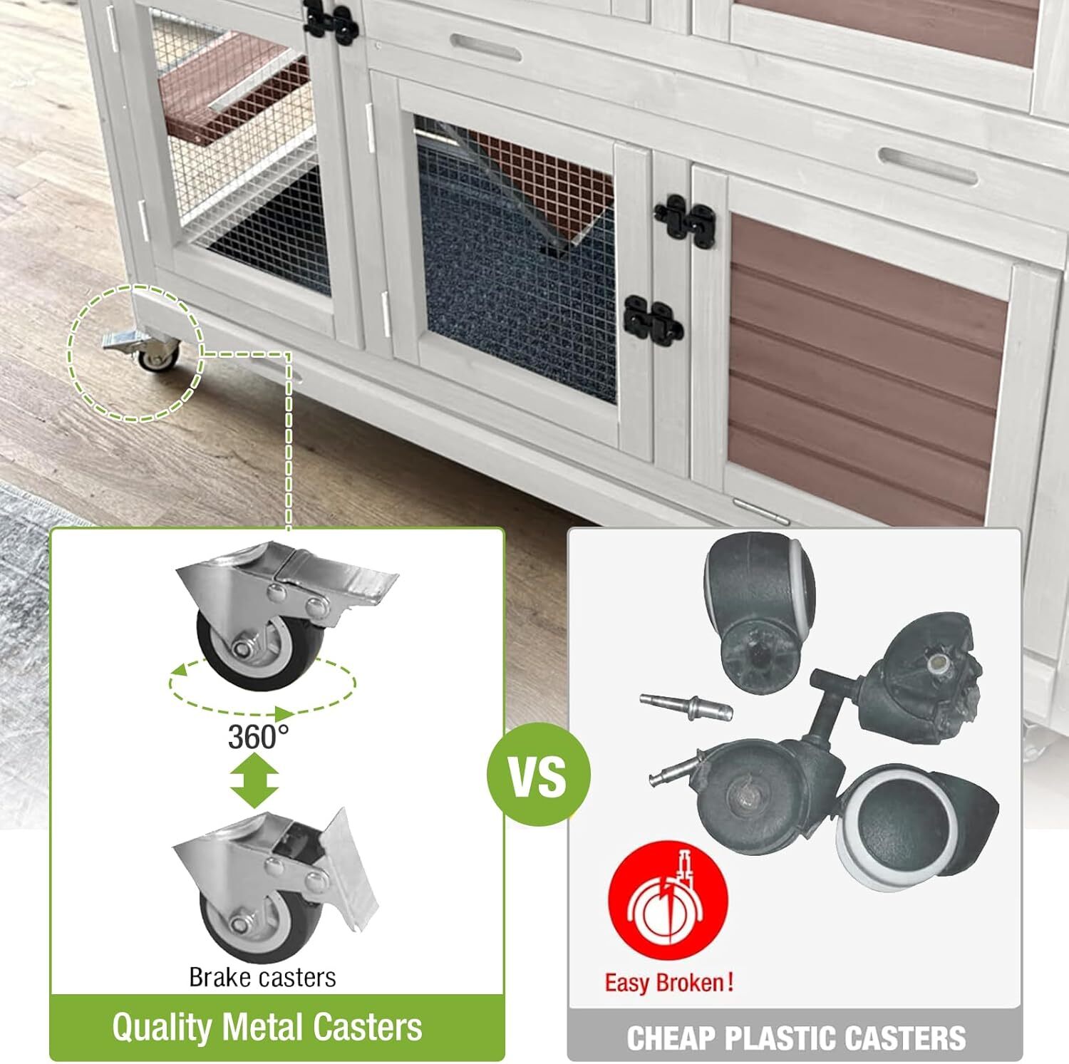MEDEHOO Rabbit Hutch Indoor and Outdoor Bunny Cage with Wheels Hamster House Guinea Pig Cages for Small to Medium Animals Waterproof Leakproof Tray brown