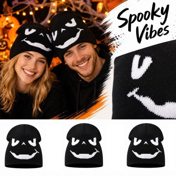 Hsovts Halloween Pumpkin Ghost Knit Beanie Funny Facial Pattern Warm Knitted Headwear Cosplay Party Hat for Men Women Black