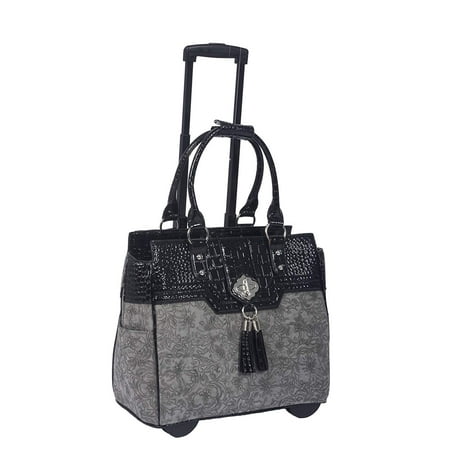 JKM and Company The Savannah Gray & Black Alligator Faux Leather Compatible with Computer iPad, Laptop Tablet Rolling Tote Bag Briefcase Carryall