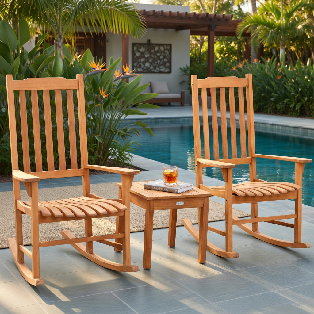 Hommoo 3-Piece Eucalyptus Outdoor Rocking Chair Set with Square Coffee Table, Patio, Deck & Garden Furniture Set for 2, Natural