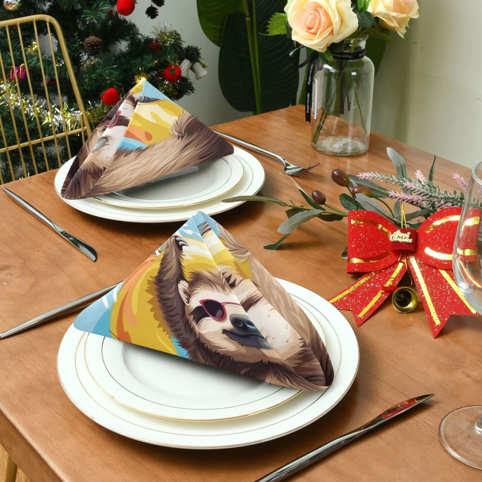 JSTEL Sloth Swimming Ring Cloth Napkins Set of 6, 20x20 Inch Washable and Reusable Napkin for Decoupage Dinner Party Everyday Use