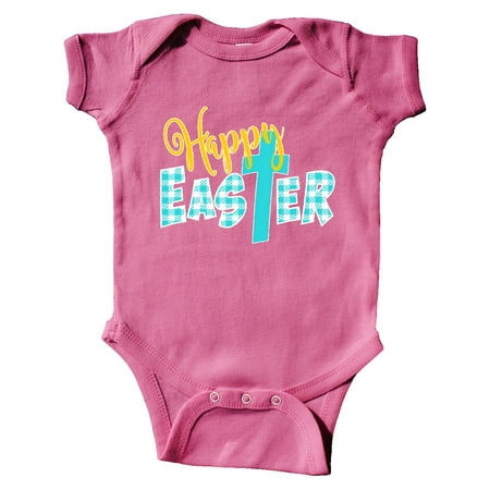 

Inktastic Happy Easter with Cross in Teal Plaid Gift Baby Boy or Baby Girl Bodysuit