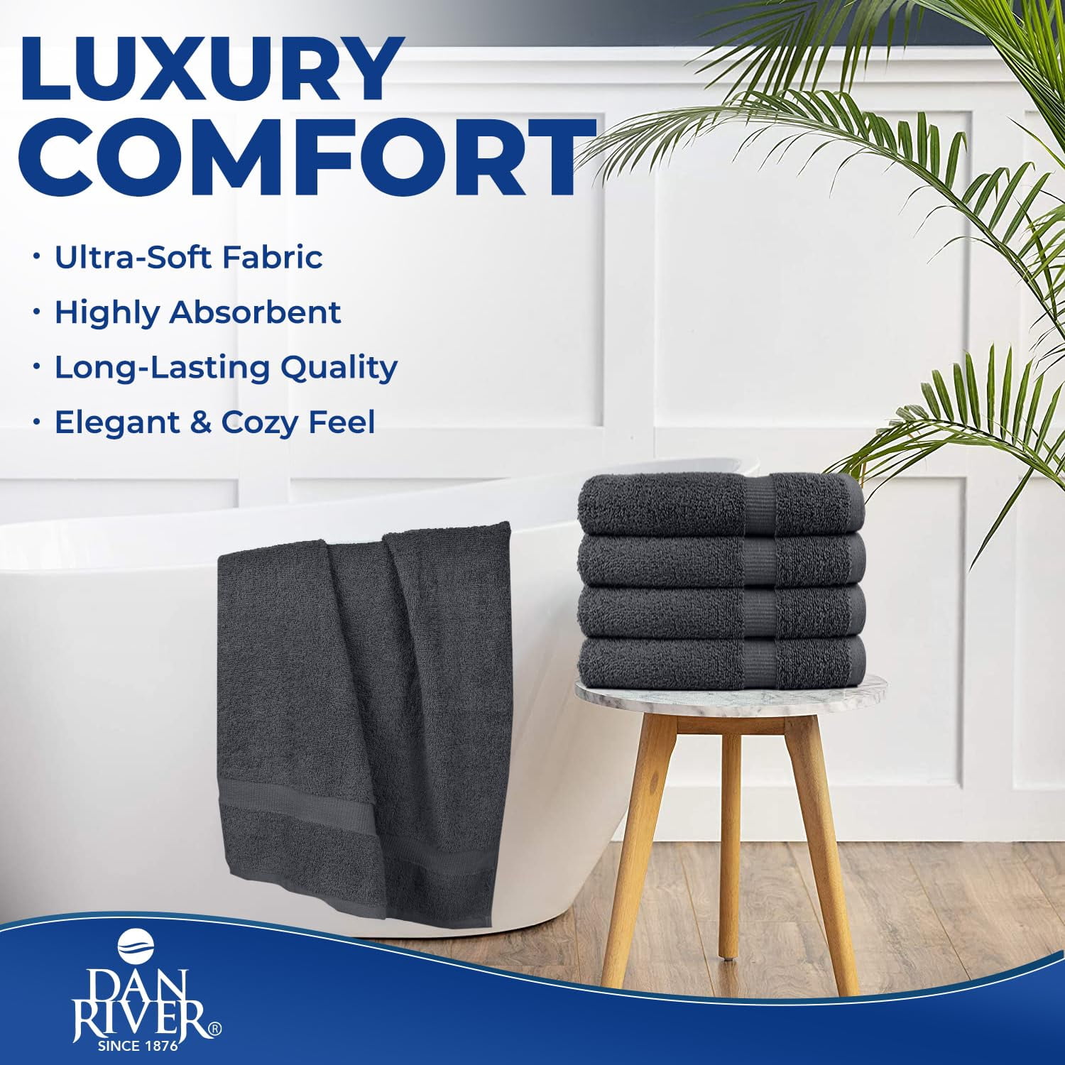 Dan River Bath Towel 6 pack 24x48 in Ultra Soft Quick Drying Cotton Towel - Charcoal