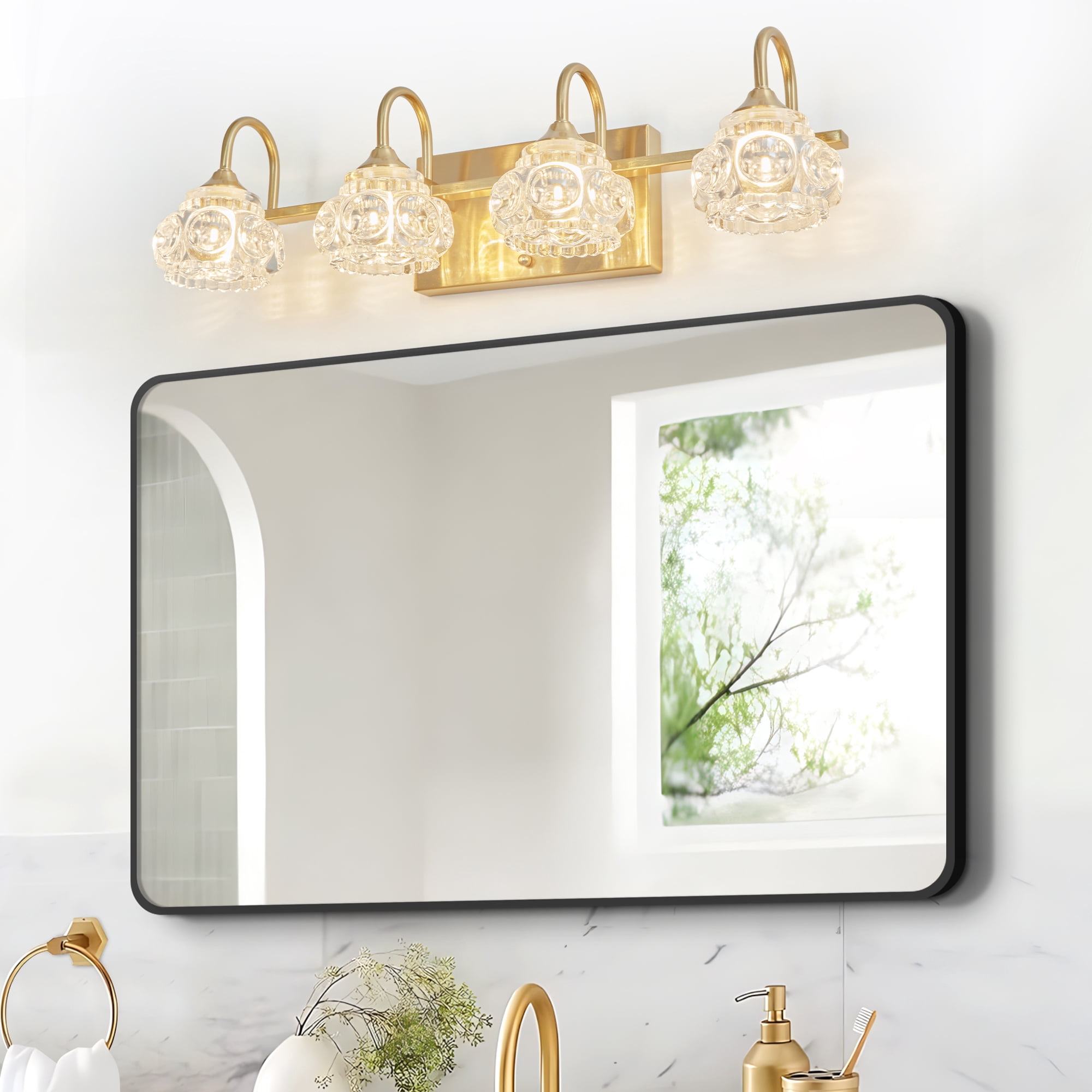 HomArltek 23" 4-Light Vanity Light, Crystal Glass Shade Wall Sconce, Modern Bathroom Mirror Light with Gold Finish, Hardwired Vanity Lighting Fixture for Bathroom Bedroom Dressing Table(No Bulbs)