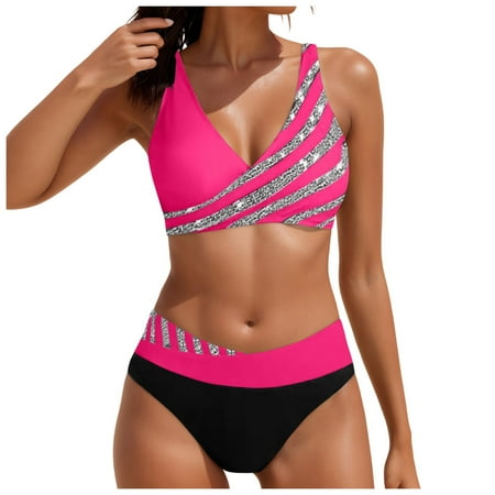 Rrunsv Women s Sexy Thong Bottom Two Piece Bikini Set Halter Cute High Waist Swimsuit Triangle Tummy Control Bathing Suit Women s Swimwear Hot Pink L