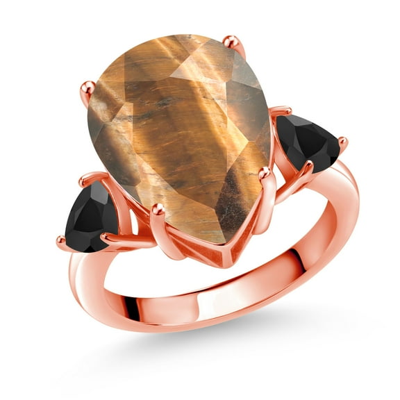 Gem Stone King 7.72 Ct Pear Shape Brown Tiger Eye Black Onyx 18K Rose Gold Plated Silver Ring (Size 6)