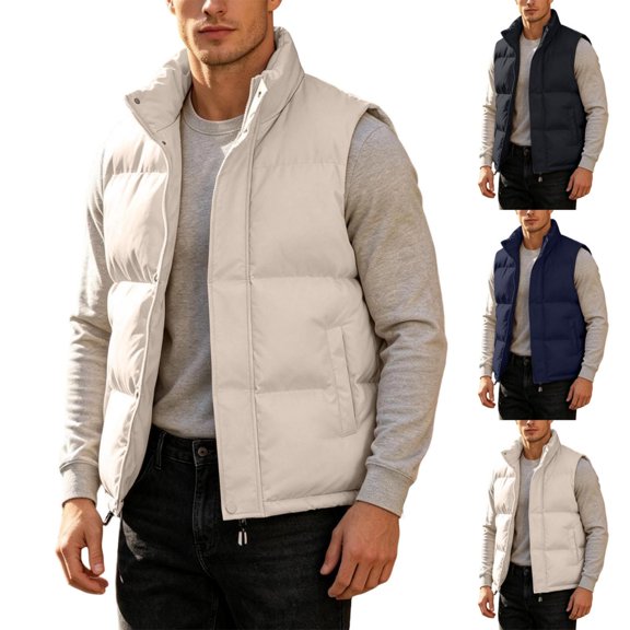 TKKCS Mens Quilted Puffer Vest Zip Up Stand Collar Warm Casual Sleeveless Outerwear for Fall Winter Layering Khaki XL