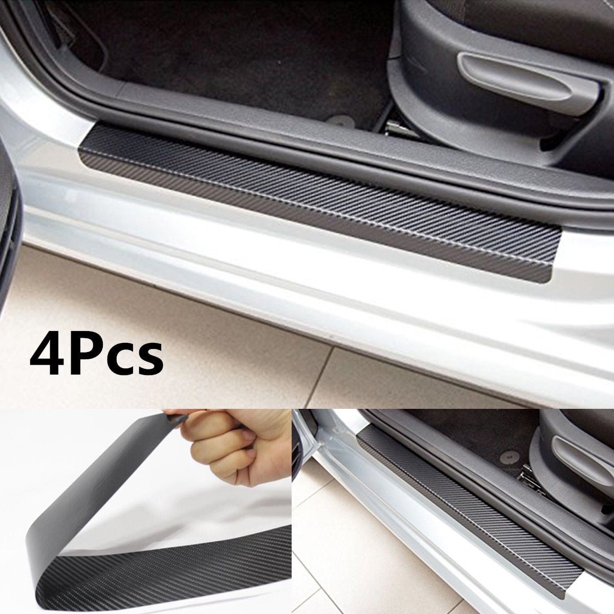 4Pc Black Carbon Fiber Look Car Door Plate Sill Scuff Cover Anti Scratch Sticker