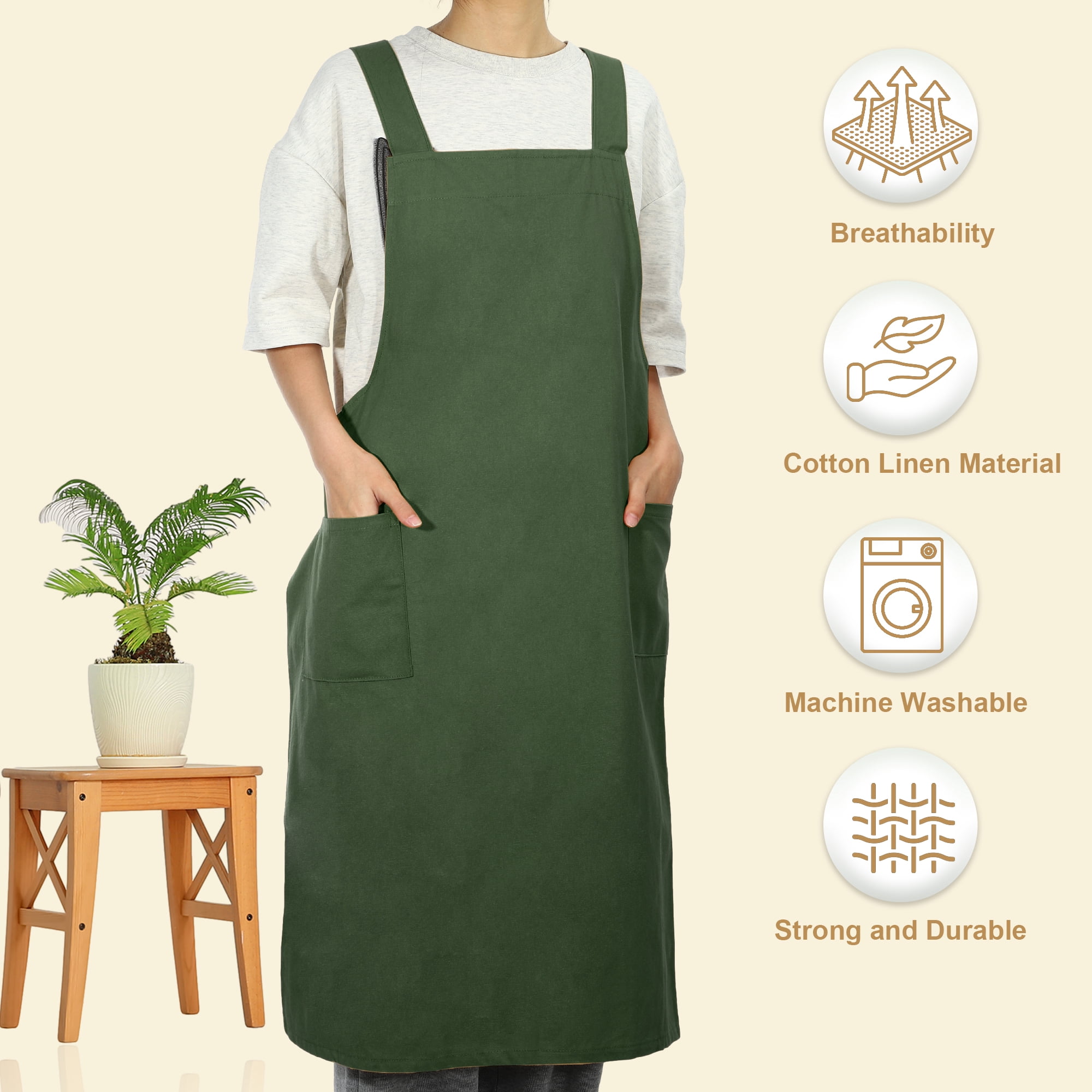 Unique Bargains Cotton Linen Apron Cross Back Apron with Pockets Dark Green