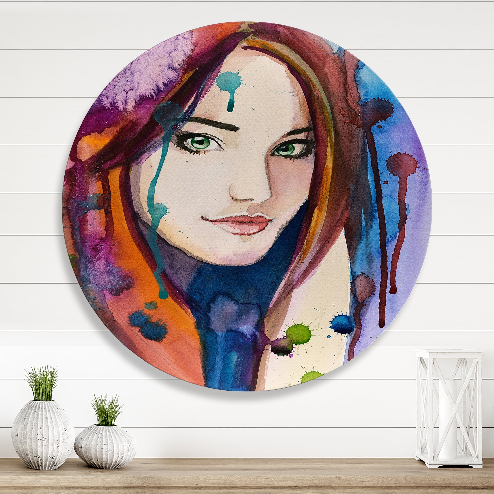 Designart 'Colorful Portrait Of Green Eyes Young Woman' Traditional Circle Metal Wall Art 11x11 - Disc of 11