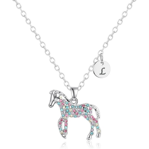 Horse Necklace Gifts 26 Initial Necklace Horse Jewelry Colorful CZ Letter Initial Rainbow Horse Necklaces Jewelry Gifts for Women[p588]