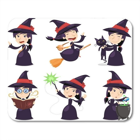 KDAGR Halloween Costume Witch with Wearing Black Dress with Cat with Magic Wand Pot Cartoon Characters Broom Mousepad Mouse Pad Mouse Mat 9x10 inch