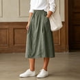 thumbnail image 3 of Cotton Linen Midi Skirts For Women Elastic Waist Button Detail A-Line Skirt Summer Casual Lounge Vacation Skirts With Pockets, 3 of 7