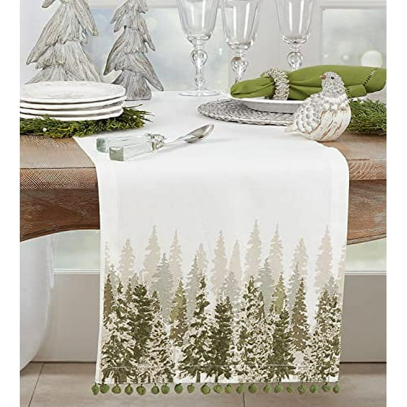 Fennco Styles Winter Snowy Christmas Trees Cotton Table Runner with Pom Pom 16" W x 72" L - Green Festive Table Cover for Home, Dining Room, Holiday Décor, Banquets, Holiday and Special Events