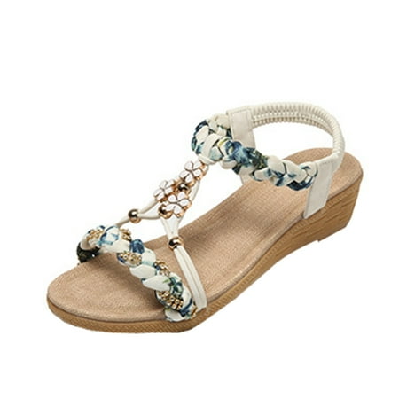 

Fsqjgq Wedge Comfort Sandals for Women Summer Wedge Heel Women Shoes Color Contrast Fabric Woven Open Toe Stranded Casual Women Sandals Summer Heels Sandals for Women White 38