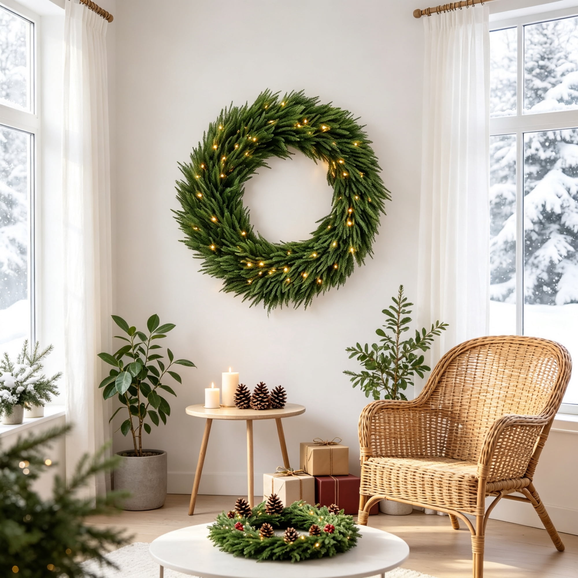 Artificial Christmas Wreath, 36 in Norfolk Pine Design with 100 Warm White LED Lights, 560 Branch Tips, Steel Frame, Indoor and Covered Outdoor Use