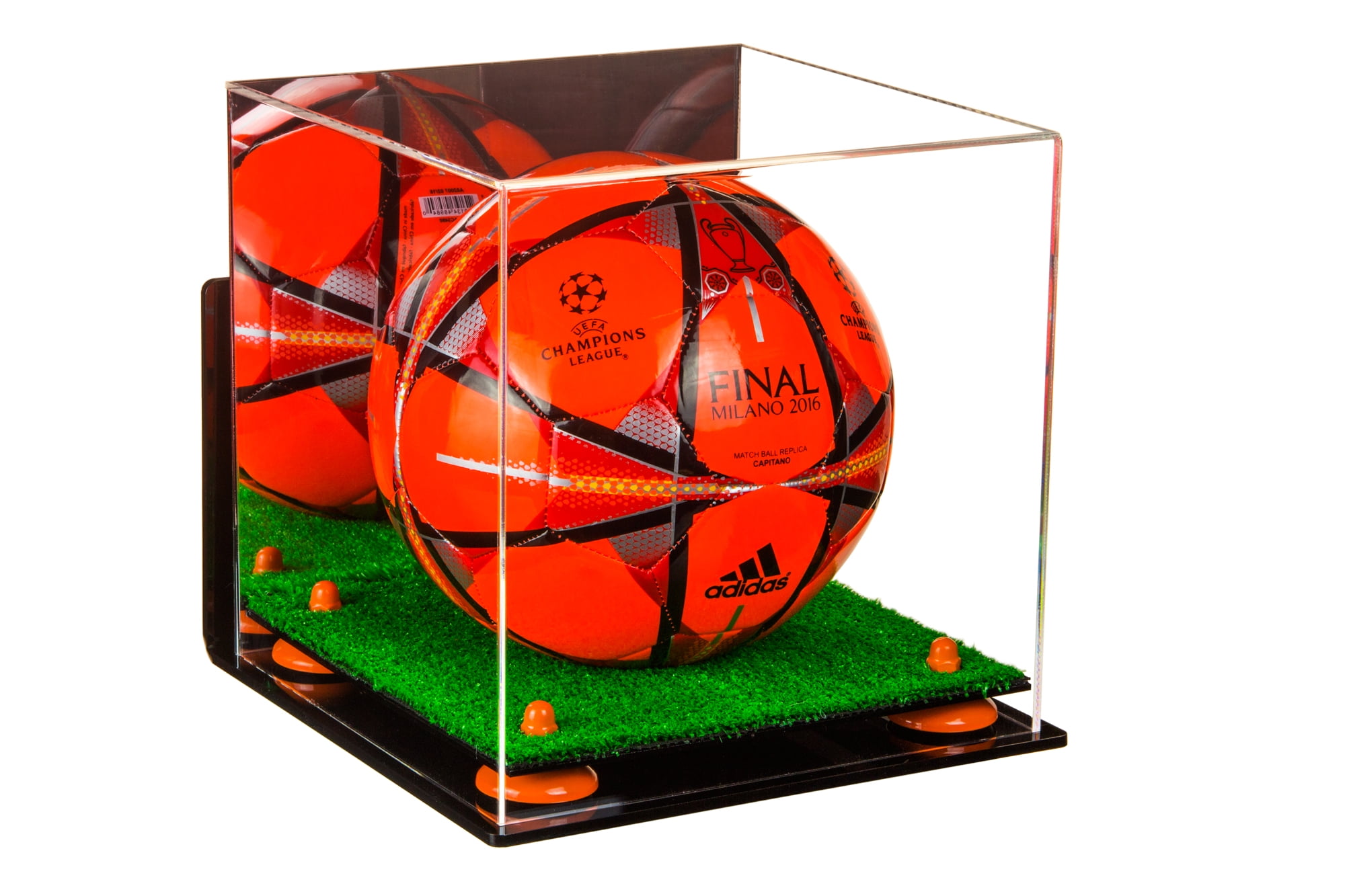 Deluxe Acrylic Soccer Ball Display Case with Orange Risers, Mirror