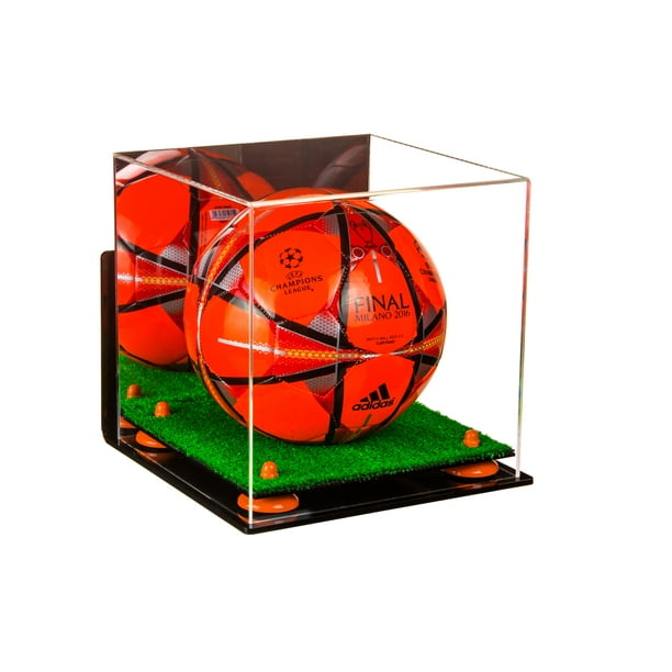 Deluxe Acrylic Soccer Ball Display Case with Orange Risers, Mirror
