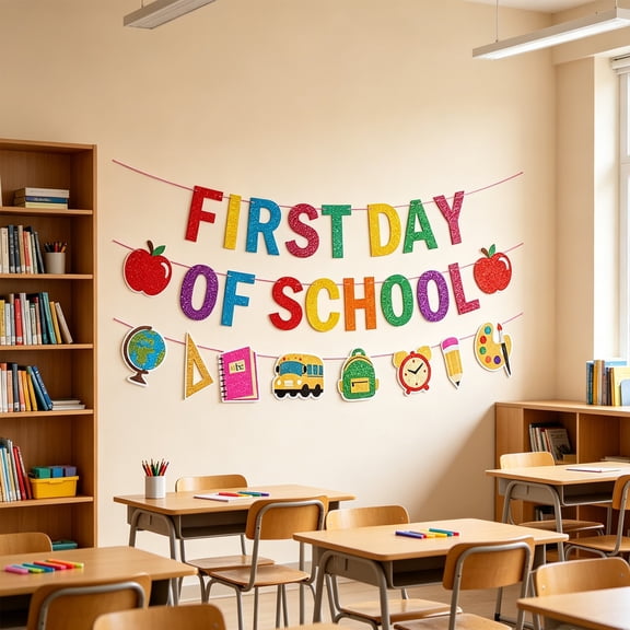 Orangide First Day of School Banner Glittery Back to School Paper Garland for Classroom Decoration - Welcome Students Preschool Kindergarten