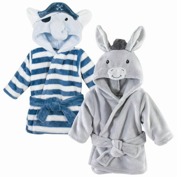 Hudson Baby Infant Boy 2Pc Plush Animal Face Bathrobe, Pirate Elephant Donkey, 0-9 Months