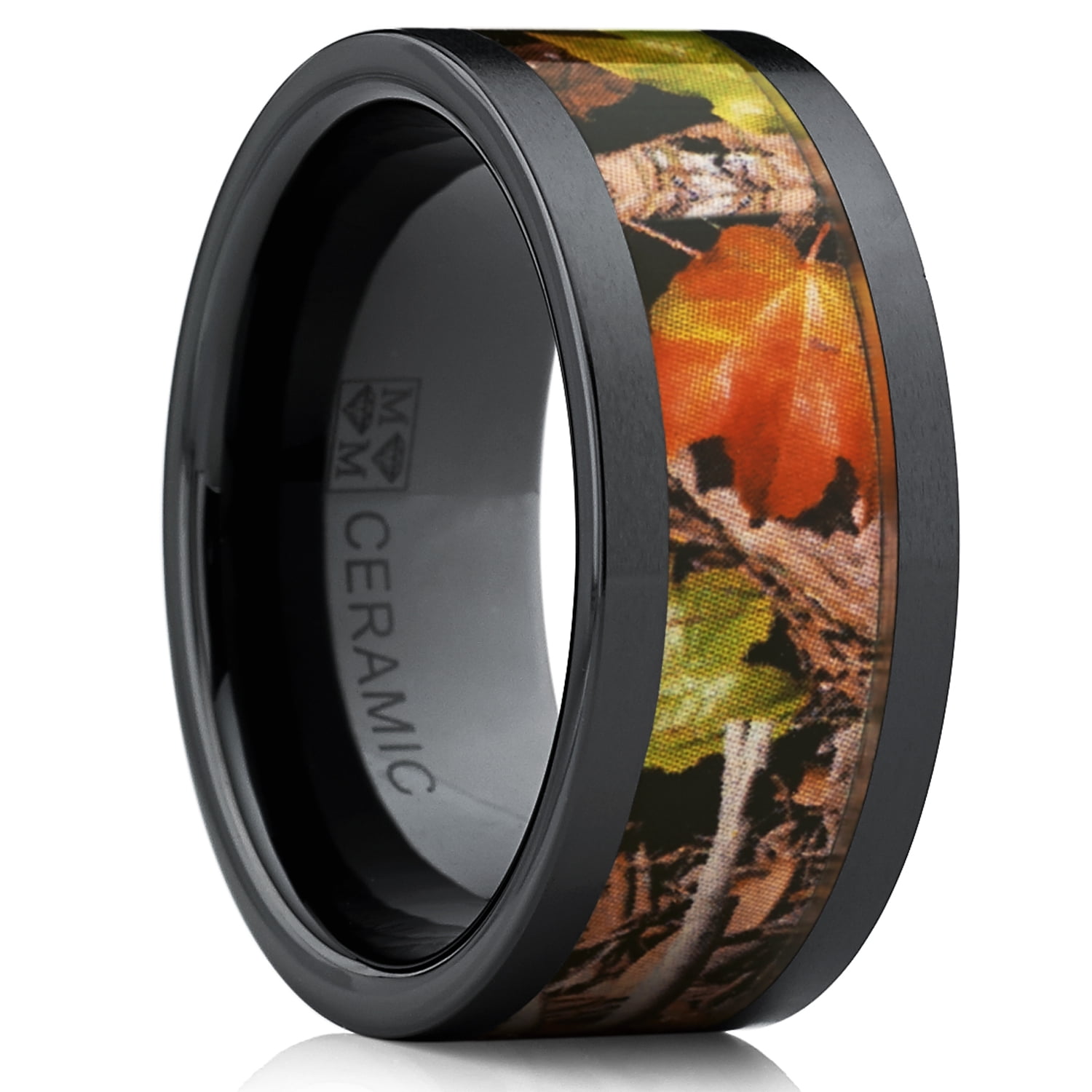Men's Black Ceramic Band Outdoor Hunting Camouflage Ring, Real Forest Trees, Leaves 10MM Comfort