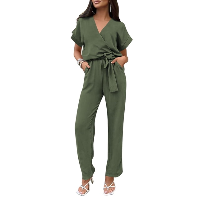 Mono para mujer PRETTYGARDEN con escote en V, manga corta y cinturón, talla S