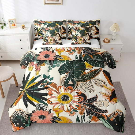 Erosebridal Groovy Flower Bed in a Bag Twin size, Palm Leaf Bed Set, Retro Plant Bedding Twin Size, Lightweight Room Decor, 7 Pieces