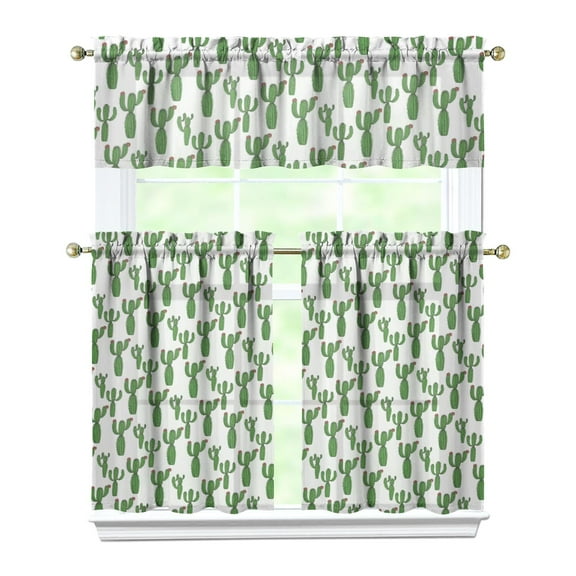 Desert Cactus Kitchen Curtain 3-Piece Set, 27.5x36in Polyester Tier Curtains and Valance, Botanical Succulent Window Drapes for Kitchen, Dining Room, or Coffee Bar