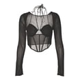 thumbnail image 1 of VISgogo, blusas cortas para mujer, camisas ajustadas huecas de corte bajo con cuello Halter de manga larga de malla de Color sólido para mujer VISgogo  moda, 1 of 9