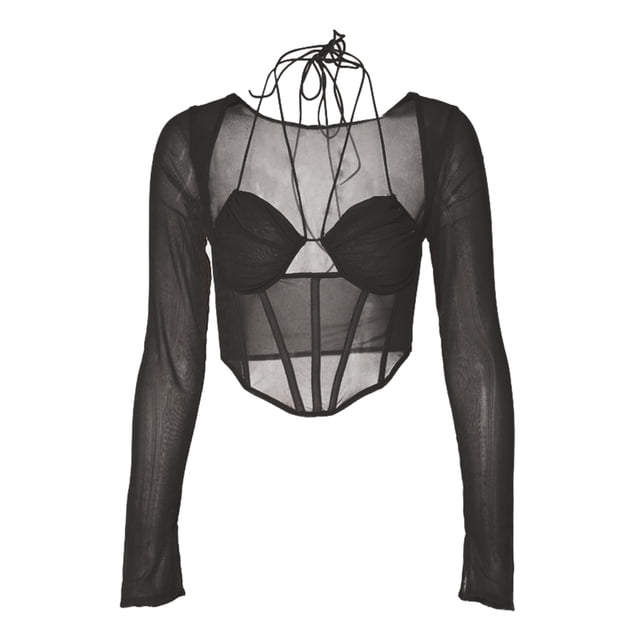 VISgogo, blusas cortas para mujer, camisas ajustadas huecas de corte bajo con cuello Halter de manga larga de malla de Color sólido para mujer VISgogo moda