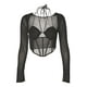 thumbnail image 1 of VISgogo, blusas cortas para mujer, camisas ajustadas huecas de corte bajo con cuello Halter de manga larga de malla de Color sólido para mujer VISgogo  moda, 1 of 9