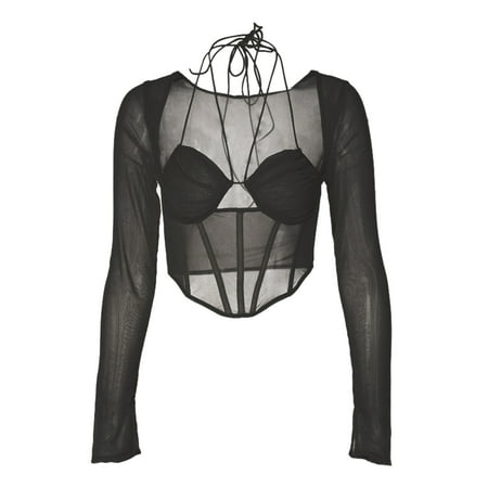 

Canrulo Women Long Sleeve Crop Top Deep V Neck Cropped Shirt Top Blouse Low Cut Bustier Top Streetwear Black L