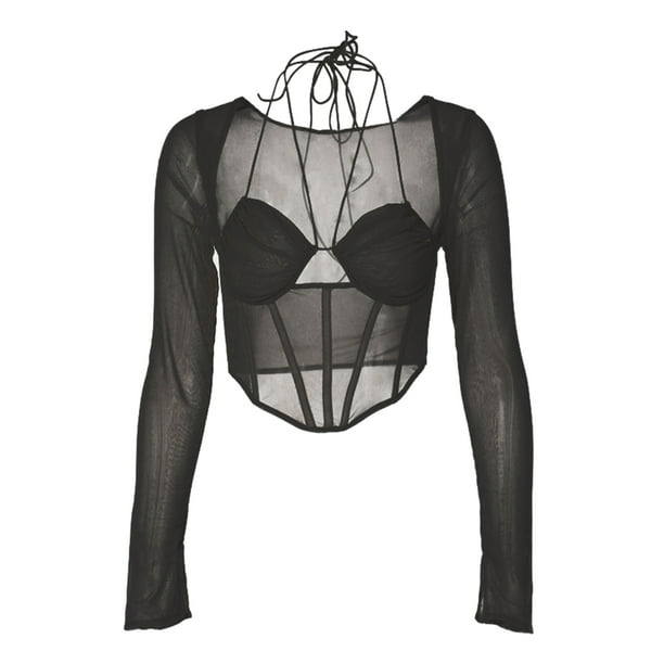 VISgogo, blusas cortas para mujer, camisas ajustadas huecas de corte bajo con cuello Halter de manga larga de malla de Color sólido para mujer VISgogo moda