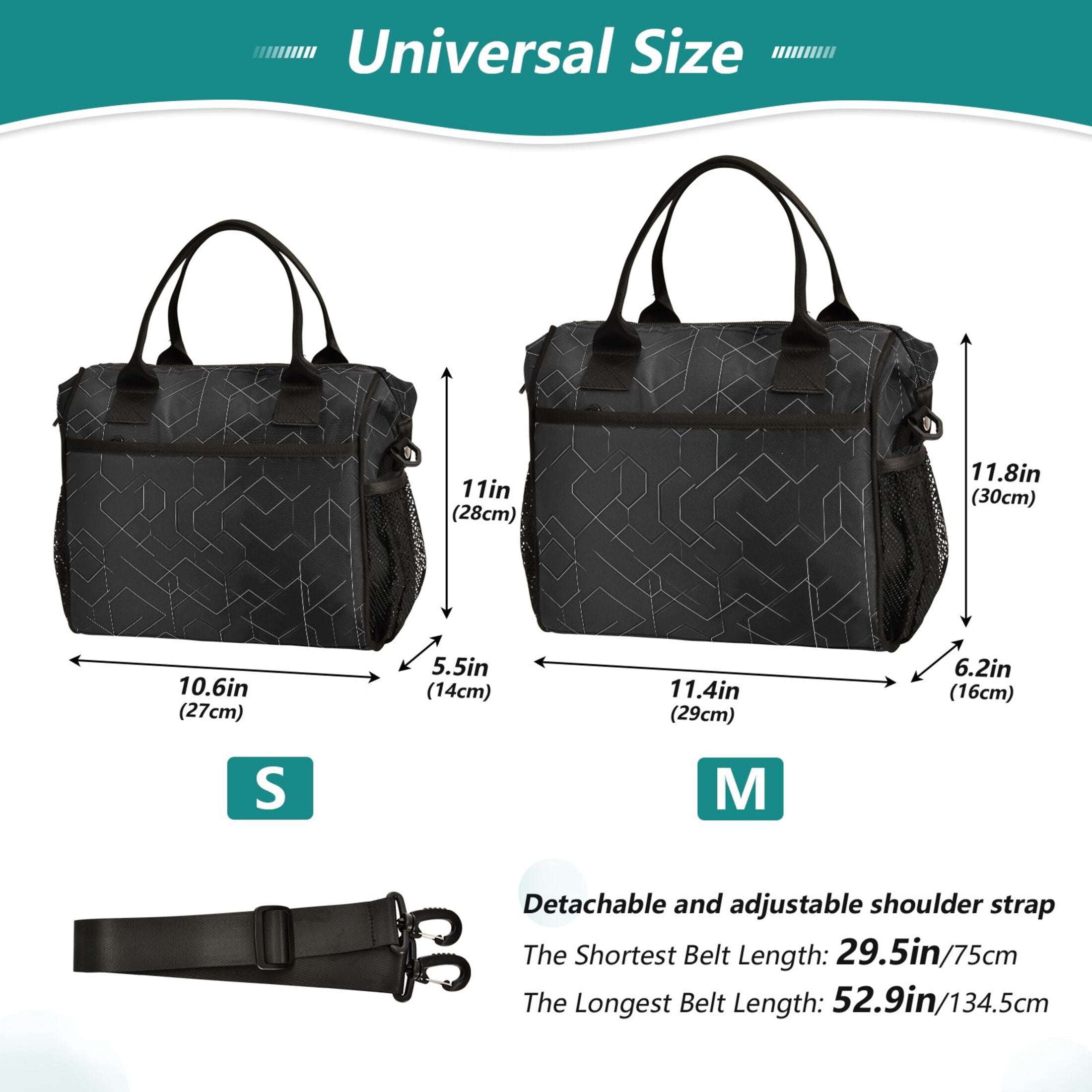 Lunch Bag Insulated Lunch Box Leakproof Reusable Cooler Tote Adjustable Shoulder Strap for Men Women Black Simple Geometric Lines 9L