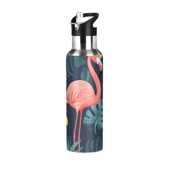Yayeee 20oz Insulated Water Bottle Double Wall Stainless Steel with Flip Straw Lid, Pink Floral Flamingo