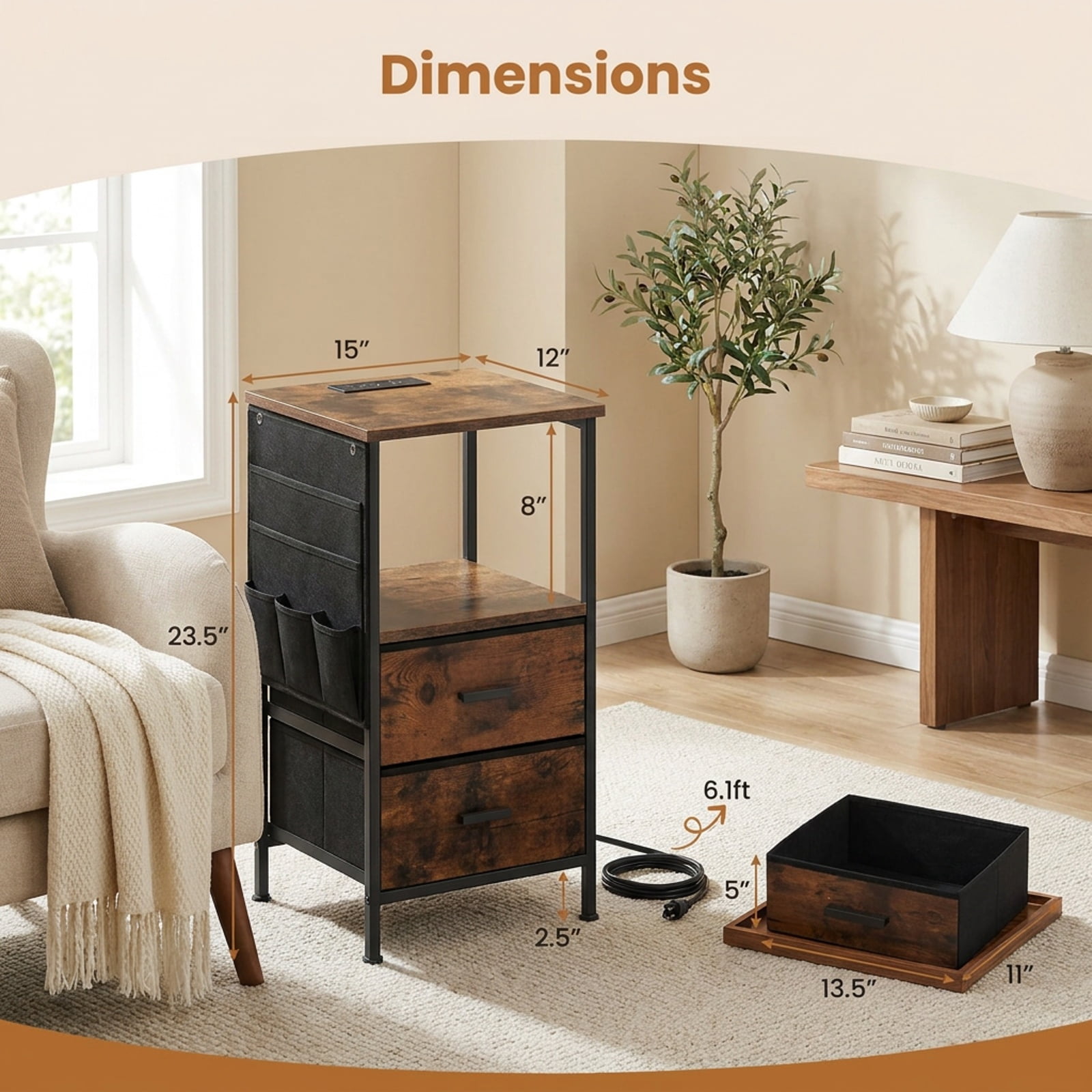 Furnibear End Table with Charging Station Set of 2 Nightstand with 2 Folding Fabric Drawers for Bedroom Living Room Bedside Sofa Side Small, Coffee