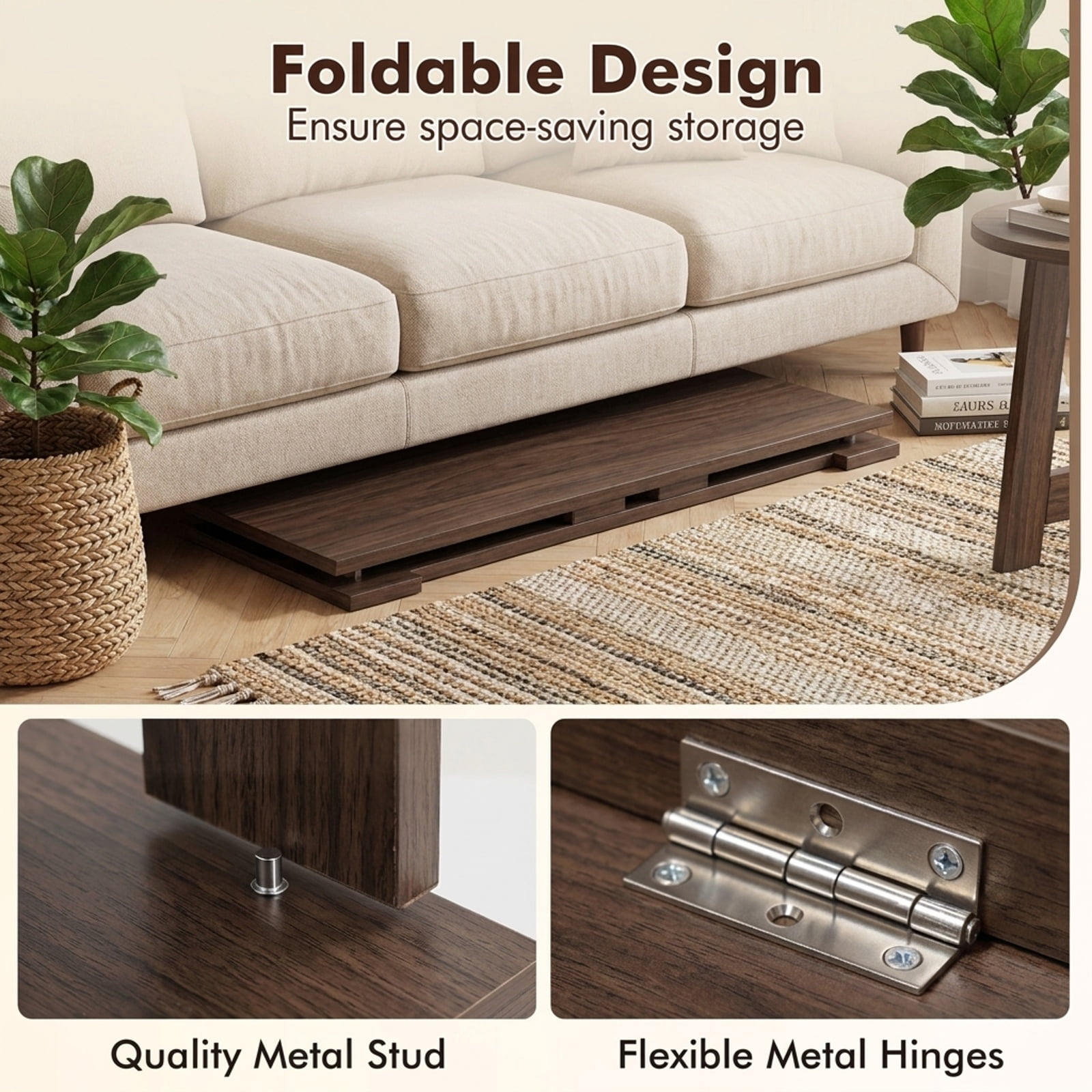 Furnibear Portable Low Floor Table with Foldable Legs Space Saving Folding Coffee Table for Living Room Dining Reading Gaming, Brown