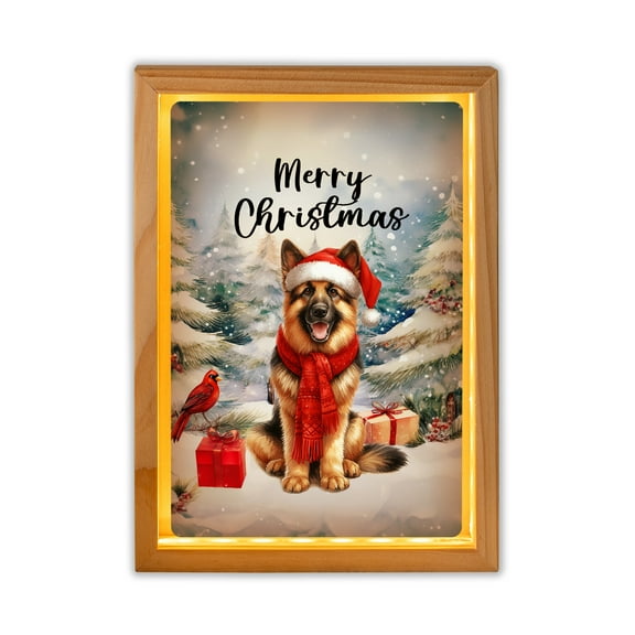Merry Christmas German Shepherd Enjoys Woofmas Winter Xmas Holiday Acrylic Plaque with Wood Photo Frame Box Alsatian Dog Lover Gifts Light Box - 02022