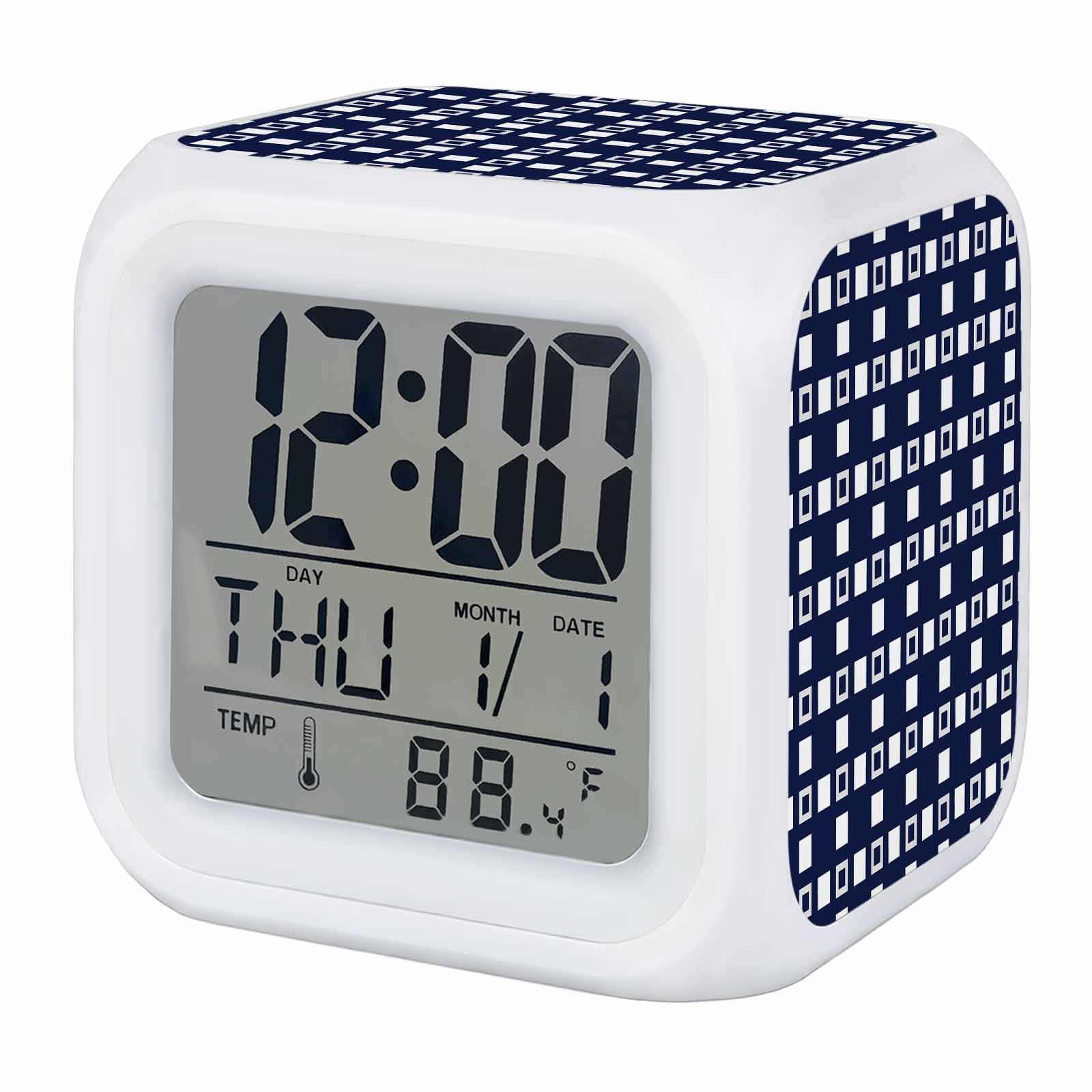 Blue White Plaid Digital Alarm Clock for Bedrooms, Smart LED Alarm Clock with 7 Color Changing Night Light, Modern Abstract Geometric Lattice Silent Wake Up Clocks for Sleep Study Cooking 3.2x3.2