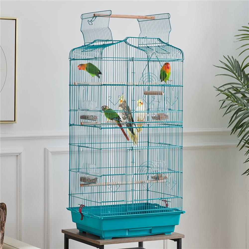 Alden Design Large 41" Metal Bird Cage with Play Top for Parakeets and Lovebirds, Teal Blue